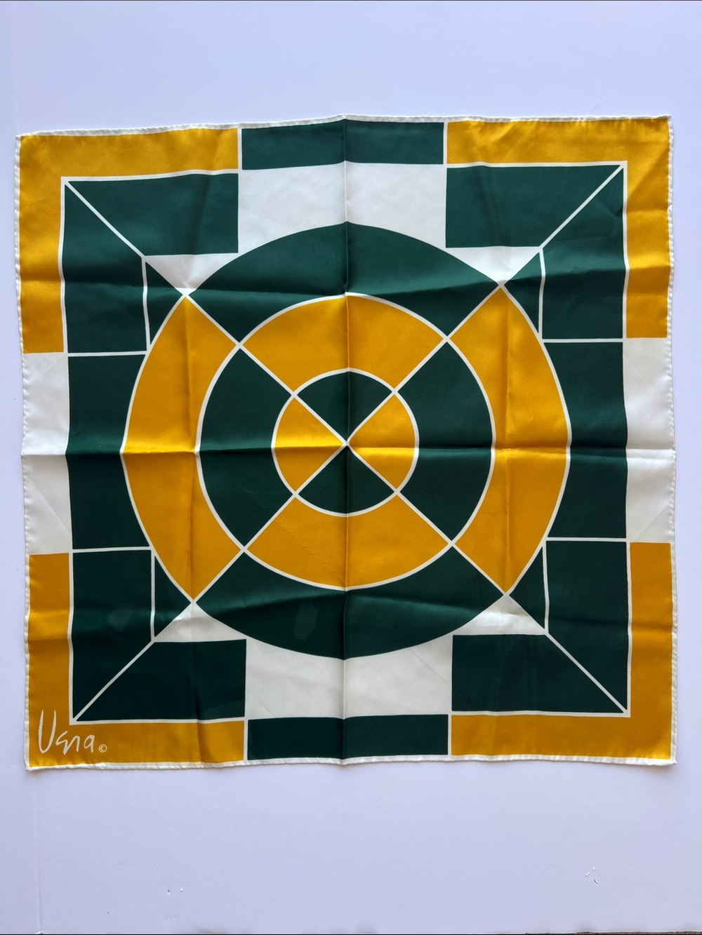 Vintage Vera Neumann Geometric poly Scarf in Green 22” square made in Japan